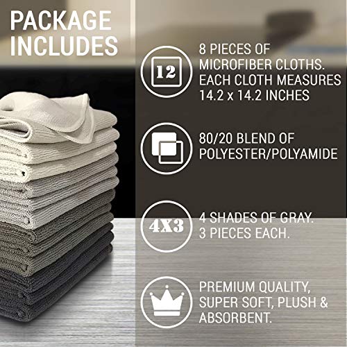 Vibrawipe Microfiber Cleaning Cloth, Microfiber Cloth, 12-Pack, Thick And Large Size 14.2"X14.2", Shades Of Gray, Microfiber Cleaning Cloths For Cars, Window, Dish Cloths, Machine Washable & Lint-Free #TOP2