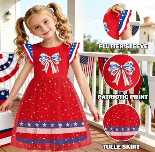 Image of Girls 4th of July Dress American Patriotic Outfit USA Independence Day Clothes Flutter Sleeve Tulle Tutu Dress 5-14y