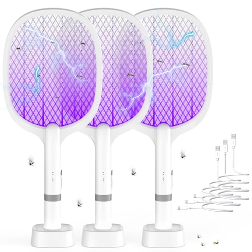 TEINNGO Matamoscas eléctrico, 2 en 1, matamoscas eléctrico para mosquitos, extrafuerte, con base de carga USB C, moscas, abejas, polillas, 3 CV, color blanco