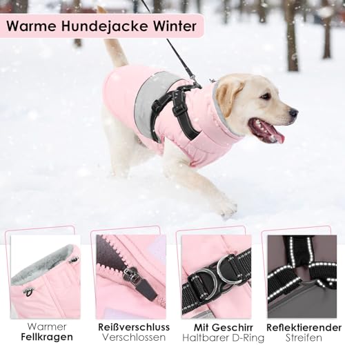 AOFITEE Hundemantel Winter Grosse Hunde, Warme Hundejacke Wintermantel mit Geschirr, Wasserdicht Hunde Winterjacke Warmer Hundemäntel Fleece Winterweste für Labrador, Windhund, Golden Retriever, 2XL