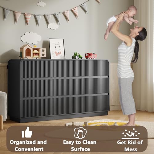 Image of BORNOON Dresser for Bedroom with 9 Drawers, Fluted Chest of Drawers with Round Curved Corner, Hidden Handles, Modern Wood Storage Organizer for Bedroom, Nursery, Living Room