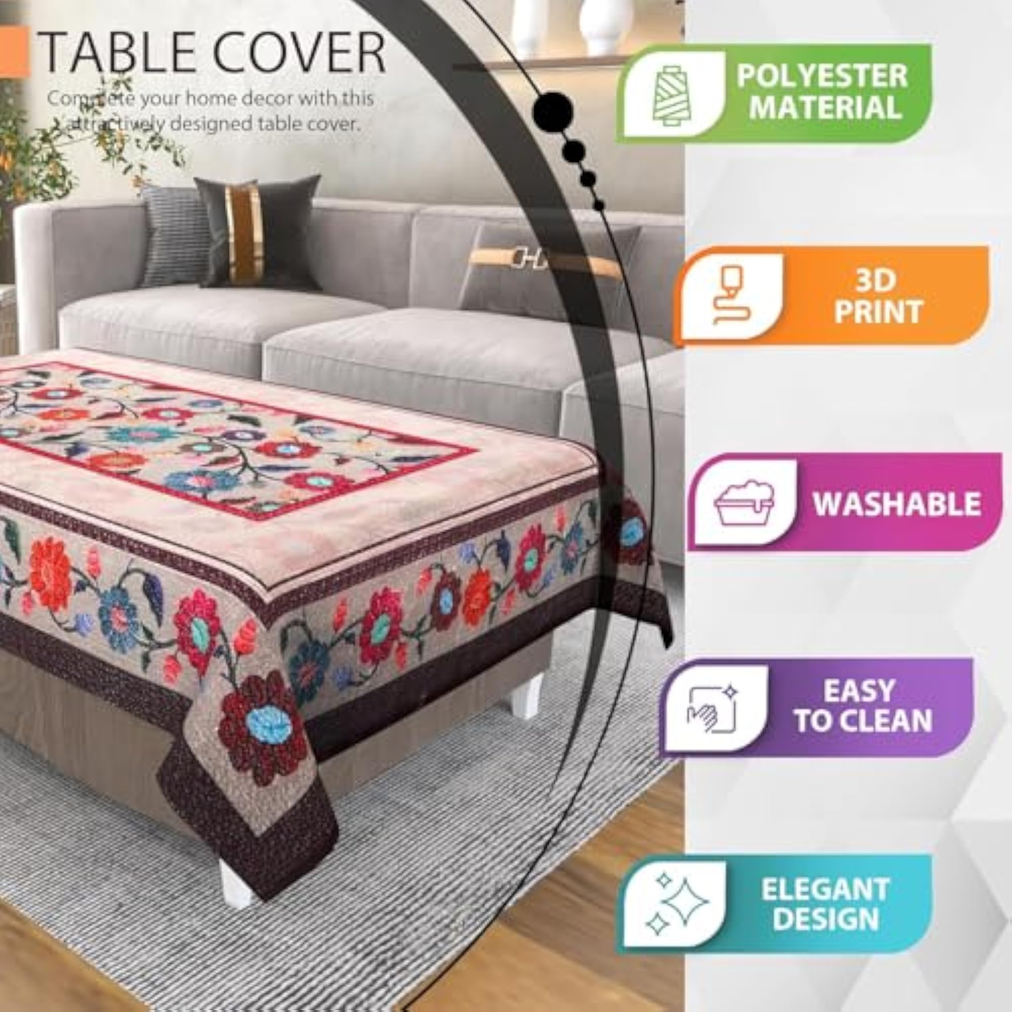 Flower Print Centre Table Cover for 4/6 Seater, Velvet Printed