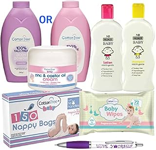 Baby Skin Care Bundle - Wipes, Nappy Bags, Cream, Body Powder, Shampoo and Lotion | 7pc Baby Gift Set Essentials with Sinta Gifts Pen