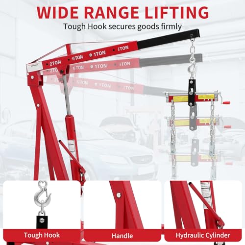 Image of GarveeTech 2 Ton Folding Hydraulic Engine Hoist with Load Leveler 4400 LBS Capacity Heavy Duty Cherry Picker 6 Swivel Wheels&Hydraulic Pump Adjustable Boom (0.5T-2T) for Garage Workshop Warehouse Red