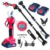 LULUWA Coupe-branches électrique avec force de coupe de 3000 kg, 3 modes de coupe (15/20/25 mm) et tige télescopique de 228,6 cm, 2 batteries de 2000 mAh, moteur 300 W, chargeur, lunettes de