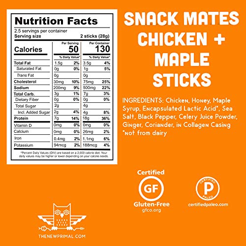 Snack Mates by The New Primal, Chicken & Maple Stick, All-Natural Chicken, High Protein and Low Sugar Kids Snack, Certified Paleo, Certified Gluten-Free, Lunchbox Friendly, 0.5 oz, Pack of 5