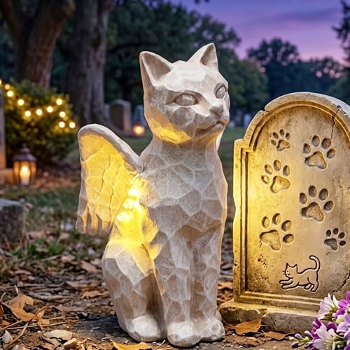 LEAESMHR Solar Angel Cat with LED Lights Cat Memorial Statue for Outdoor Memorial Winged Cats Angel Figurine for Garden Yard Lawn Patio Desk Decor Pet Remembrance Loss Gift for Cats Lovers