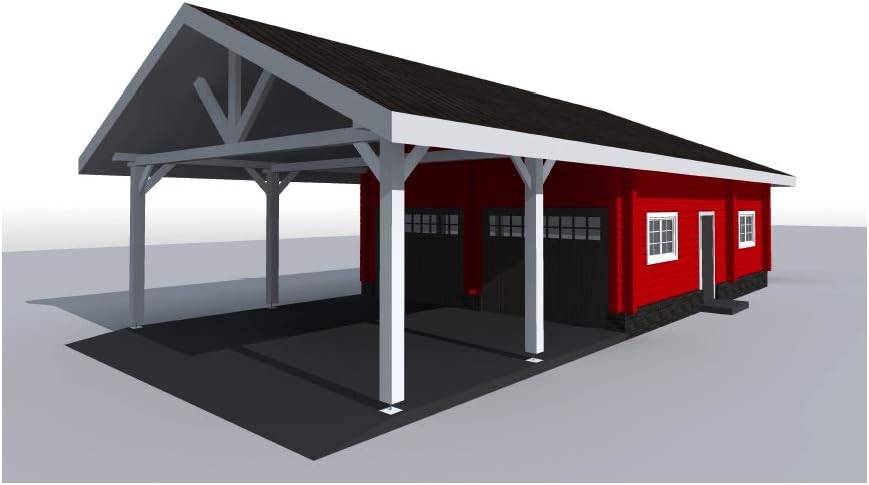 ECOHOUSEMART| Log Garage Kit with Carport for 2 Vehicles | Prefab DIY Building Cabin Home | GLT Engineered Wood Glulam | Gross Area - 1240 Sq. Ft