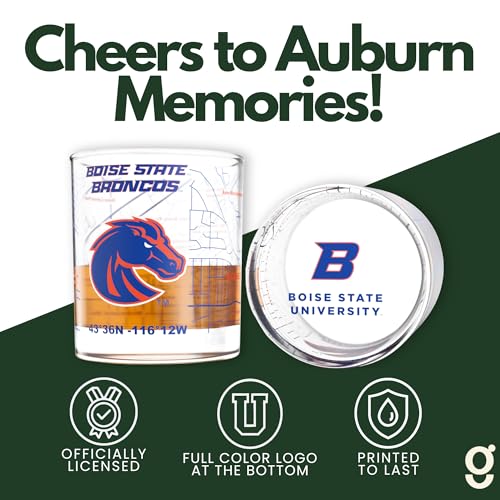 Image of Greenline Goods Boise State University Broncos Whiskey Glasses Set of 2, 10 oz Rocks Glasses with Full-Color Logo & Campus Map - Officially Licensed Bourbon Glass Gift for Alumni & Fans