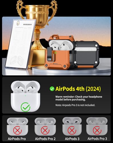 Image of Pohgelan for AirPods 4 Case with Safety Lock-Orange | Magnetic Automatic Lock with Cleaning Kit&Keychain,Compatible with Magsafe
