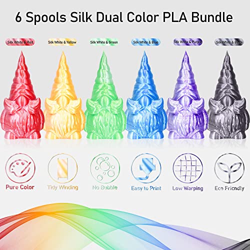Image of MIKA3D Dual Color 1.75mm 3D Printer Filament Bundle, 3D Printing Silk PLA 6 Spools Pack, Silk White Purple,White Blue,White Orange,WhiteBlack, WhiteGreen, WhiteRed,3D Printing PLA 250g X 6 Spools