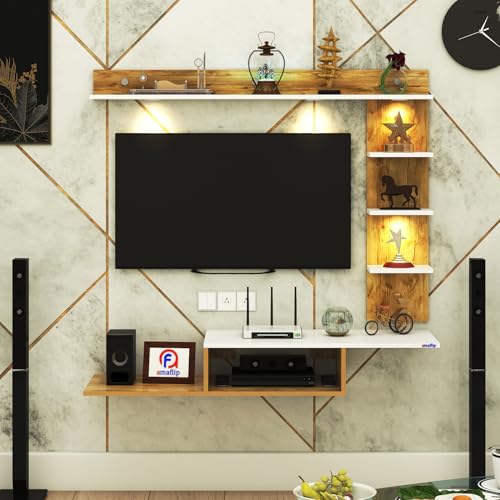 Image of Wintor Engineered Wood Wall Mounted TV Unit with 4 LED Lights,3 Open Shelves,1 Storage Box & Decorative Display Shelf for Living Room | Ideal for Upto 43 Inch TV- GiantWood /White(DIY Assembly)