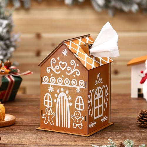 Geiserailie Christmas Gingerbread House Tissue Box Cover 9x6x6 Wooden Farmhouse Tissue Holder Decor Rustic Vintage DIY Waterproof Napkin Organizer Holder for Bedroom Dresser Night Stand Office