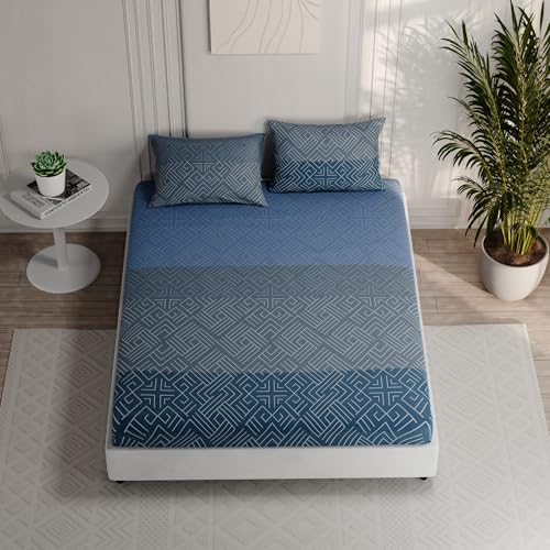 Image of BLISSHOME Everlast 150TC King Size Fitted Bedsheet with 2 Pillow Covers, Aesthetic Bedding, Wrinkle Resistant, 100+ Wash Durable, Quick Dry, Geometric Pattern - Teal (183cm x 198cm + 25cm Drop)