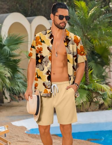 LecGee Men's 2 Piece Hawaiian Short Set Floral Button Down Shirt and Beach Shorts Summer Vacation Outfits for Men2