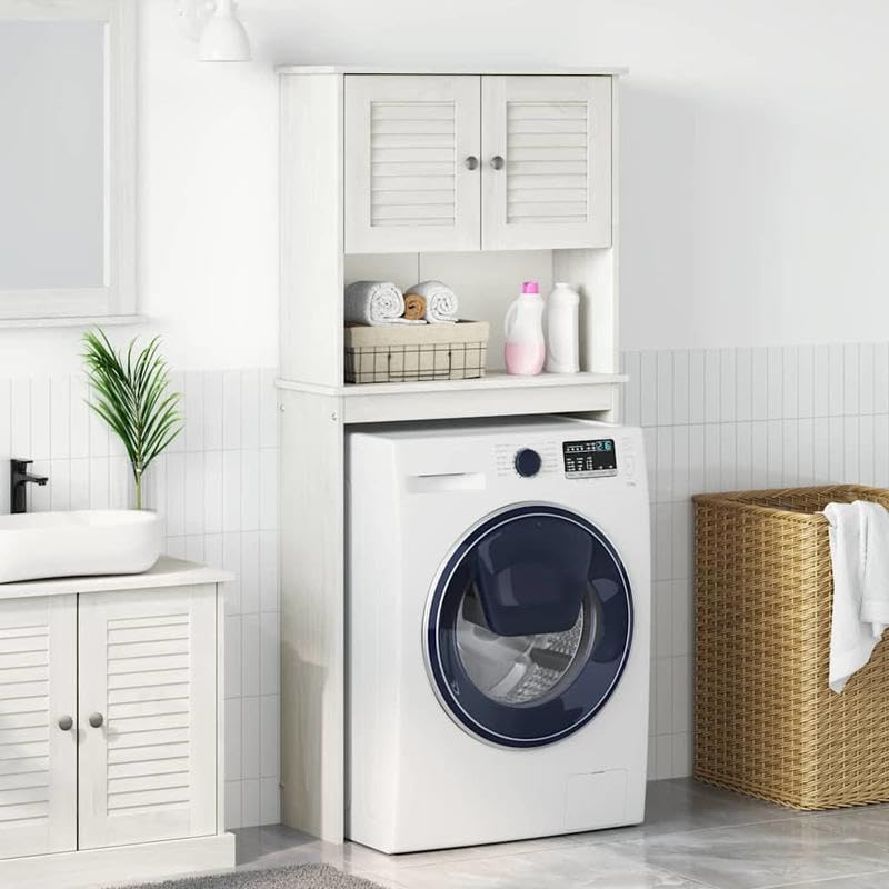 Stylowy regał do przechowywania pralki z litego drewna sosnowego z półką – 72,5 x 27 x 161 cm – idealny organizer łazienkowy i pralniczy na detergenty i akcesoria do pralki