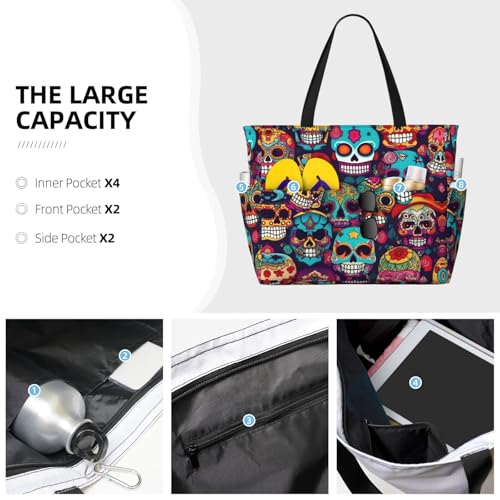 Sugar Skulls Print Large Capacity Beach Travel Bag â€“ Foldable with Multiple Pockets for Family Vacation, and Camping3