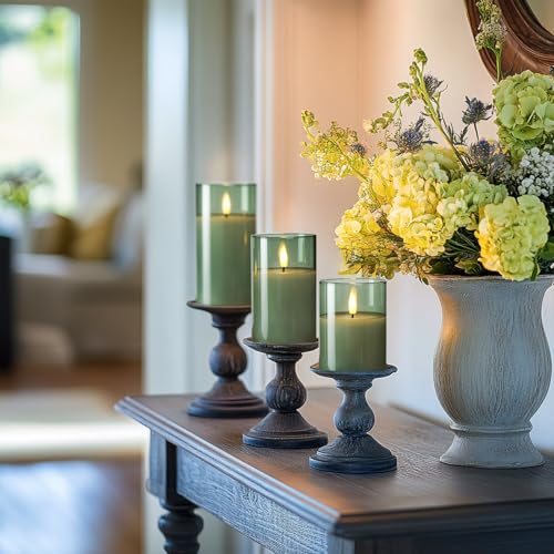 Image of Amagic Green Glass Flameless Candles with Remote and Timer for St. Patrick's Day, Real Wax Battery Operated Candles, Flickering Electric LED Pillar Candles, Home Party Decor, Set of 3