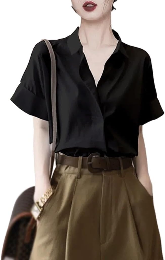 [Raiser] デザインセンス通勤キャリアエイジングシャツ夏の女性の気質ファッション小さな半袖トップス (Color : Blac