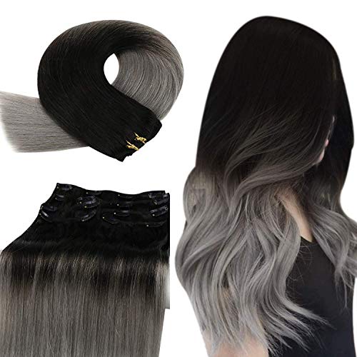 YoungSee Ombre Clip in Hair Extensions 18 inch Clip in Extensions Ombre Black to Blue Grey Hair Extensions Clip in Human Hair Ombre Clip in Extensions Human Hair 100G 7Pcs