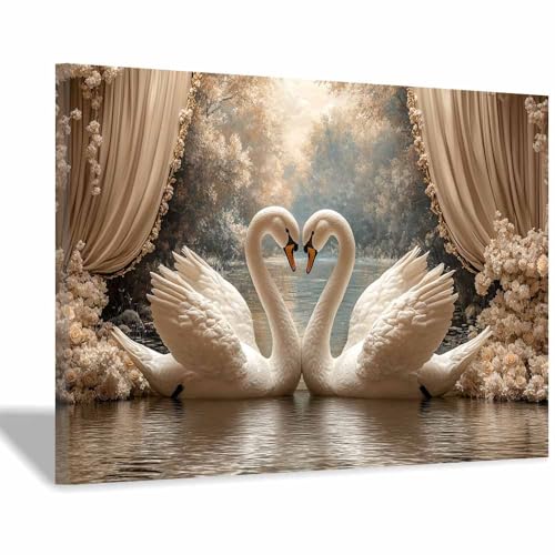 Impression sur toile cygne vintage forêt beige 60x90cm encadrée pour salon