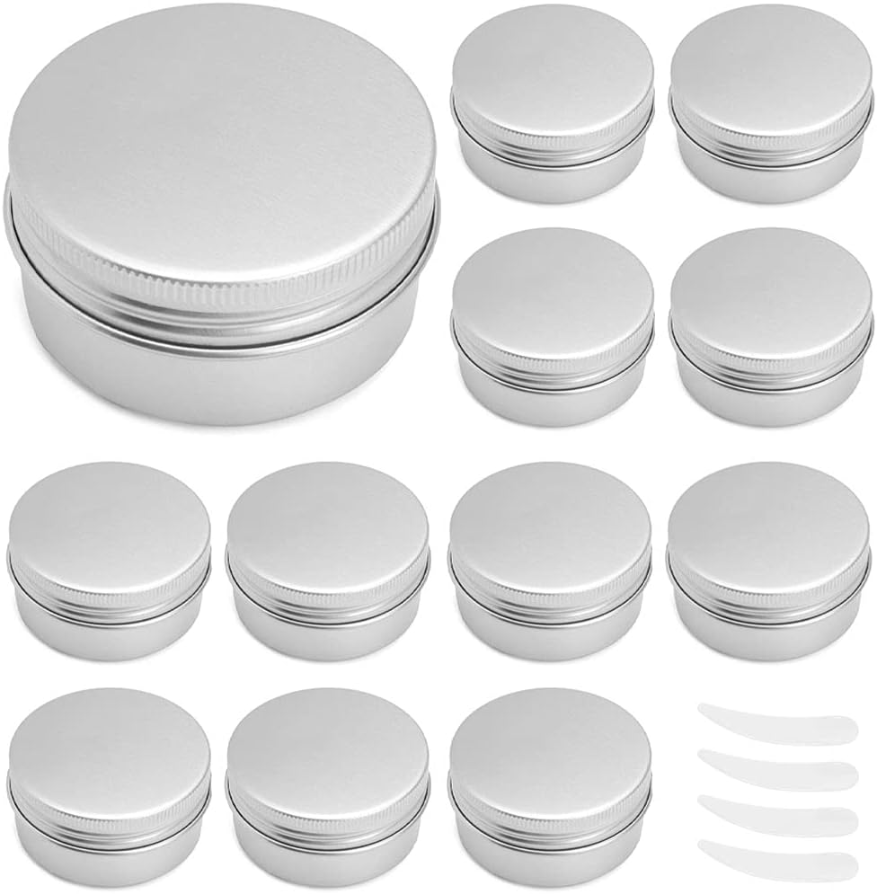 YUE QIN 24 Piezas Tarros de Aluminio Tarros Cosmeticos Vacios Tarros para Muestras de Cremas Bote Vacio 10ml para Bálsamos Labial, Cosméticos, Velas, Loción Trae una Cuchara Mediana(Plata)