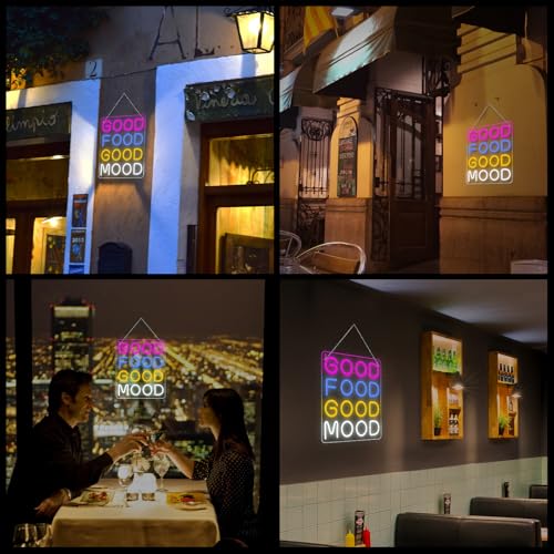 Image of Horseneon Good Food Good Mood Neon LED Sign, Food Neon Signs for Wall Decor, Good Food Good Mood Neon Light with USB Powered for Snack Shop, Restaurant, Fast Food