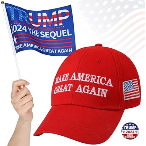Sunm Boutique Make America Great Again Hat Set, MAGA Hat & Trump Pin, Trump Hat, Adjustable Fit Baseball Cap with USA Flag (Presenting Handheld Trump 2024 Flag) Cover