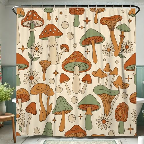 Rideau de douche champignons lavable en tissu imperméable orange avec crochets - 5