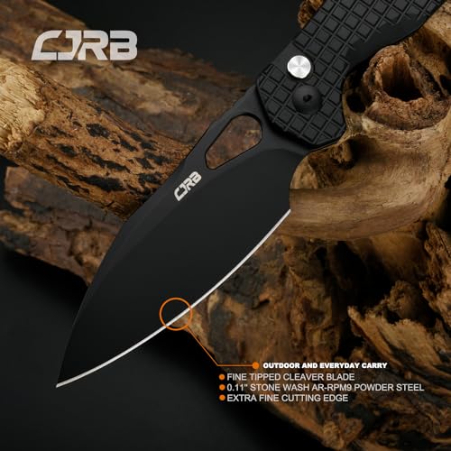 Image of CJRB Frack Pocket Knife, 3.9 inch AR-RPM9 Steel Blade PVD Coating Frag Pattern Steel Handle EDC Knife, Button Lock Knife for Outdoor Camping Gift, Black (J1931)
