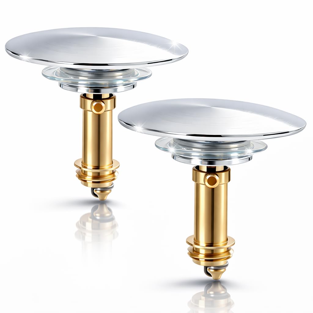 2 Pack Pop Up Click Clack Sprung Plug Stopper and Sink Plug Replacement, Push Button Pop Up Plug for Wash Basins and Bath, Chrome Plated Brass Pop Up Sink Plug for Bathroom Drains