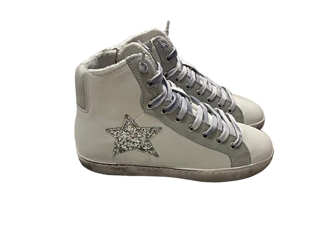 VIA CONDOTTI Women's High Sneakers Shoes White Leather Star Glitter Silver New Zipper