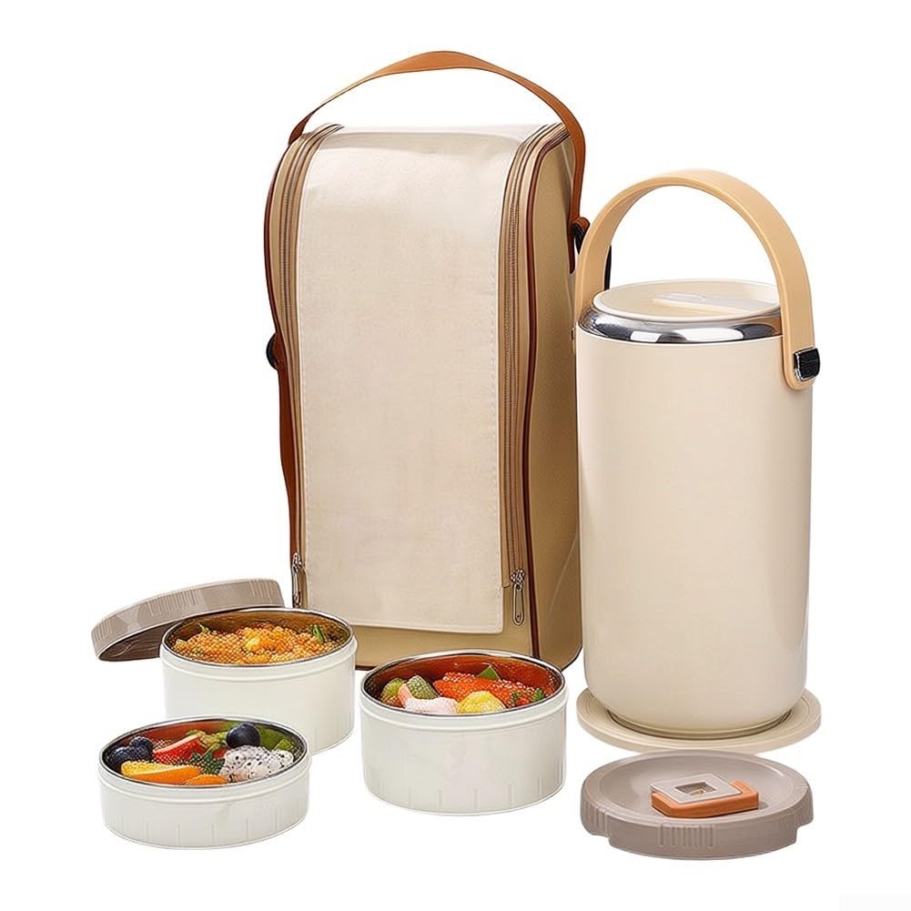 Boîte Lunch Isotherme 3 Niveaux 86oz Chaude Froide Boîte Lunch(White) | Isolation pour vide double paroi, chaud froid 6-8h, 3 niveaux séparés, 86oz total, pour idéal bureau école