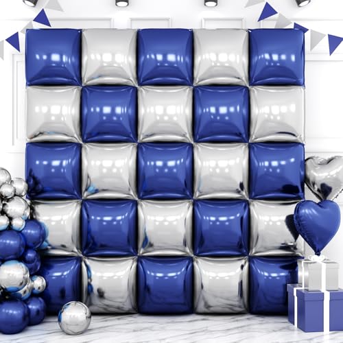 Image of Metallic Navy Blue and Silver Double Sided Square Foil Balloons Wall,19 Inches Chrome Foil Balloons Tunnel Arch Kit for Bachelorette, Anniversary, New Year,2026 Graduation,Birthday Party Decorations