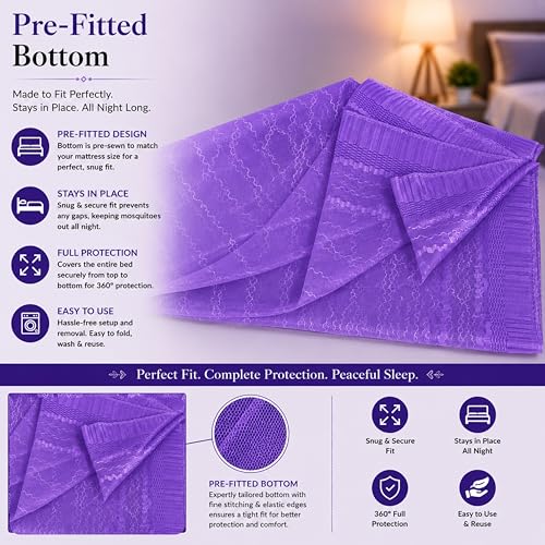 Image of Mosquito Net for King Size Bed & Double Bed (6x7 ft, Wall /Hook Hanging) Poly-Cotton Blend Fabric with Zigzag Wave Line Pattern, Pre-Fitted Bottom & Cotton Ribbon (Frame Not Included-Royal Violet)