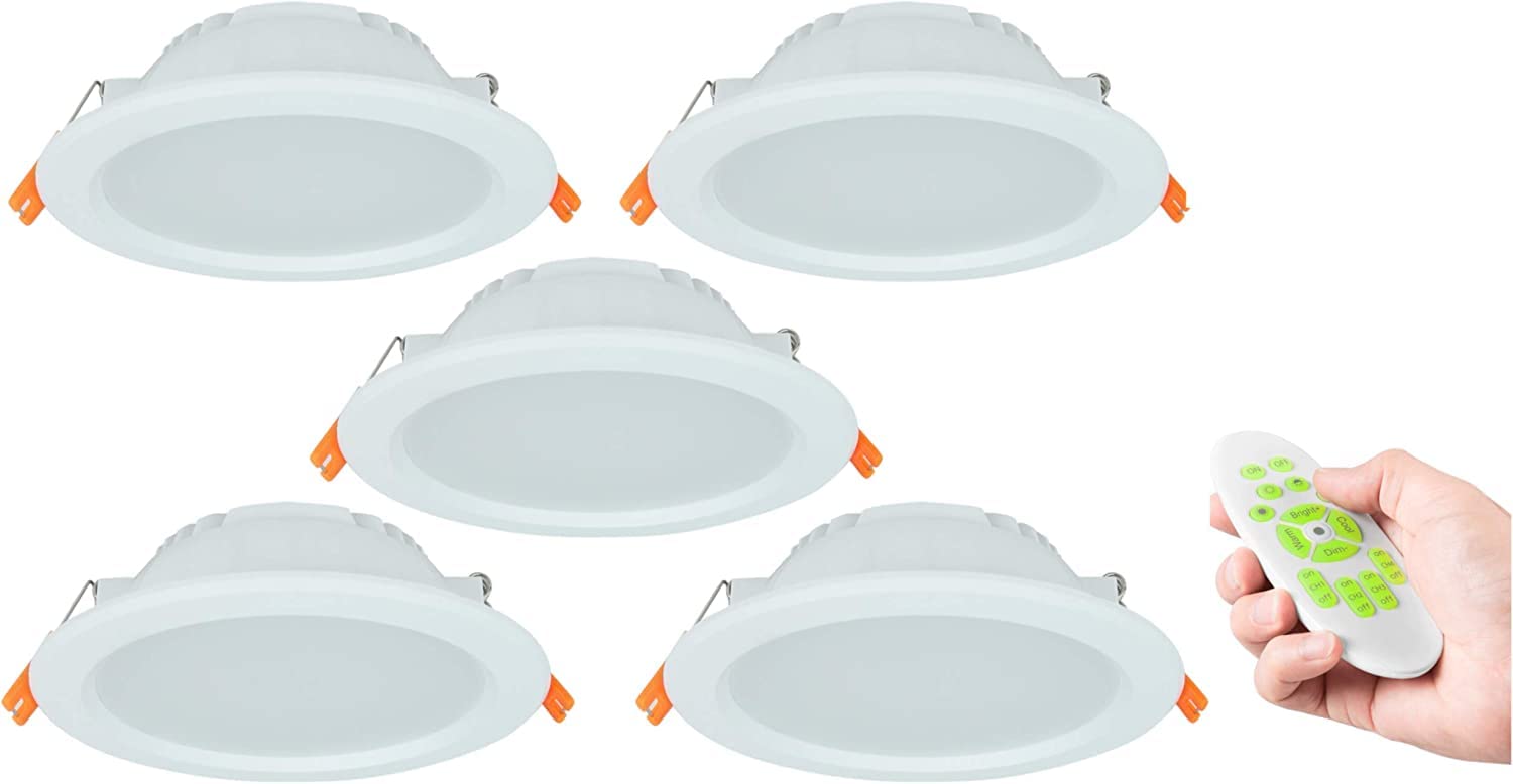 7W Tunable-White LED Einbaustrahler CCT 3000-6000K, Dimmbar + Farbtemperatur einstellbar, Warm + Neutral + Kaltweiß, IP44 Schutzklasse, 2.4G Funk (5er Set mit Fernbedienung, 7W)
