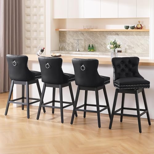 Image of Counter Height Bar Stools, Faux Leather 360 Swivel Bar Stools with Back, Upholstered Tufted Counter Height Chairs, Solid Wood Legs, (Black, 26 inch H Seat, Set of 2)