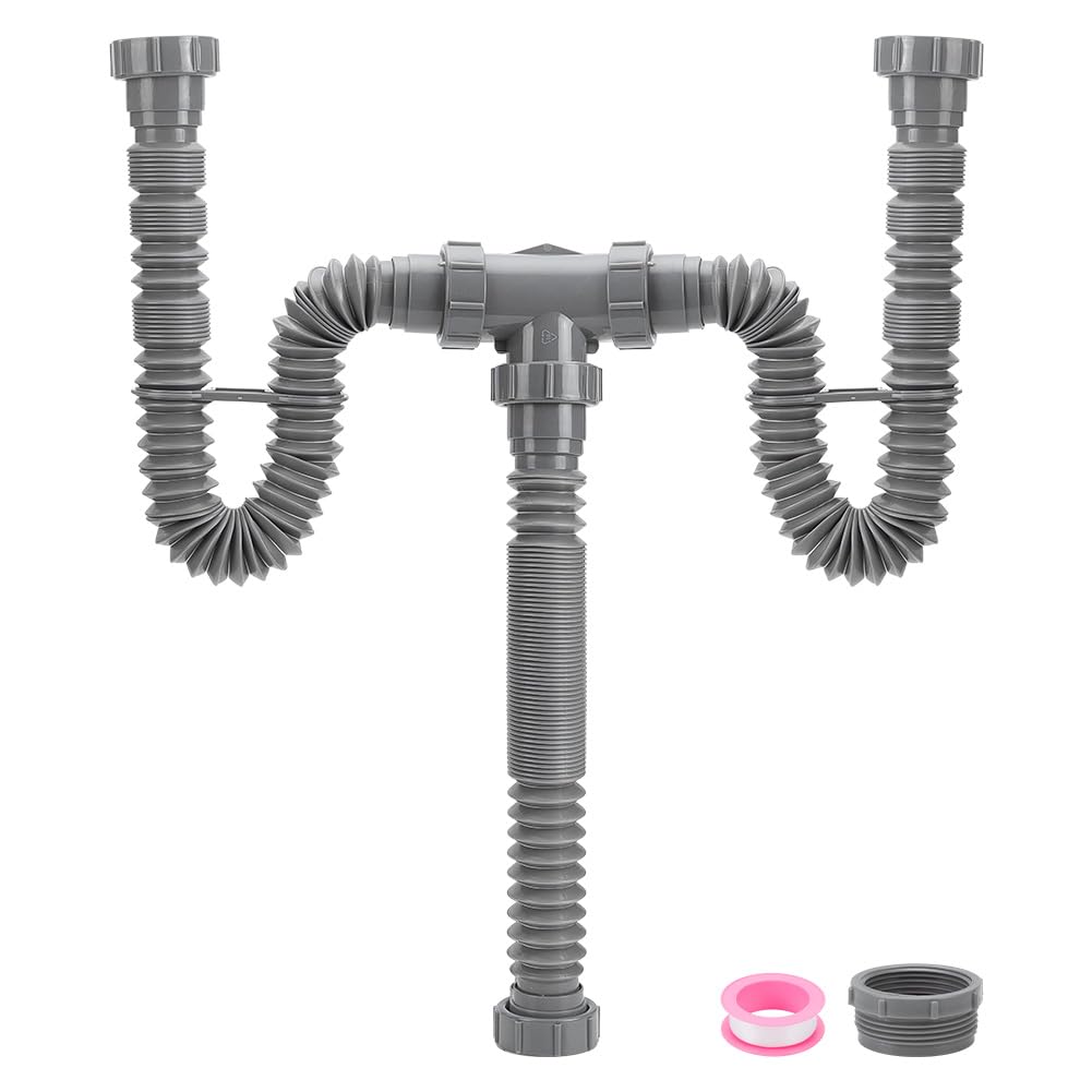 NBEADS Kit de drenaje de doble fregadero, trampa P flexible, juego de fontanería con 2 rollos de cinta de sellado PTFE, kit de tubos para cocina y baño con anillo de sellado, gris
