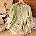 Womens Peasant Tops 3/4 Sleeve Cotton Linen Blouses Summer Fashion Retro Chinese Frog Button Floral Embroidered Shirts Green