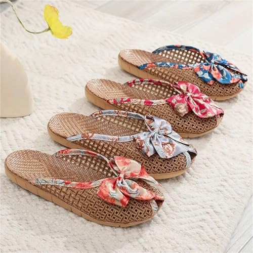 Sweet Bow Linen Slippers Flat Peep-toe Straw Weaving Slippers Shoes Hollow Out Closed-toe Sandals Women3