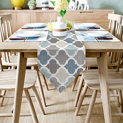 HELLOWINK 90Inch Burlap Table Runners for Dinning Room, Blue Gray, Cotton Linens Table Runner Table Cloth for Wedding Party Holiday Home Decor(Moroccan Plaid Geometric)