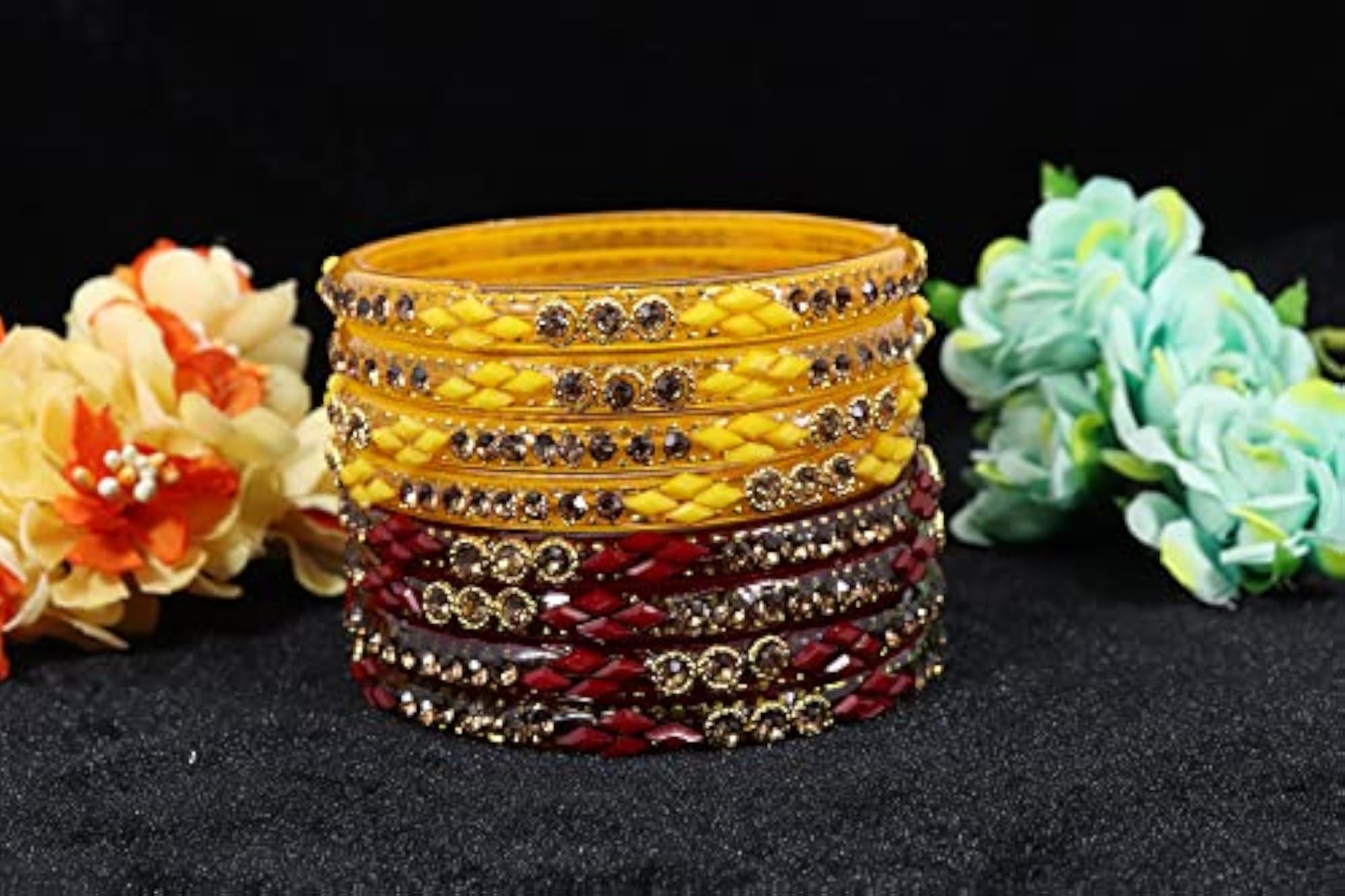 Zircon Glass Bangles Set with Beads and Zircon Gemstone