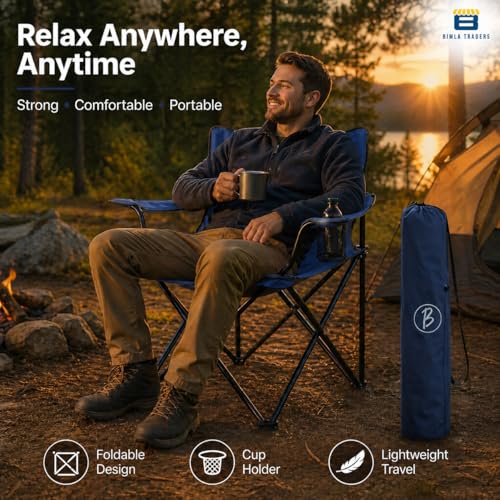 Image of Foldable Camping Chair with Armrest & Cup Holder, Portable Outdoor Chair with Carry Bag for Camping, Picnic, Fishing & Travel - Navy