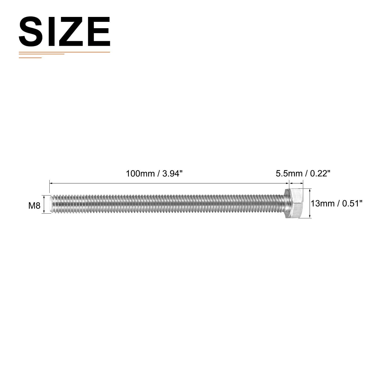 DTGN M8x100mm(DxL) Full Thread Hex Bolts - 4Pack - Good for Furniture - 304 Stainless Steel Hexagon Head Cap Bolts Screws - Silver Tone - Image 2