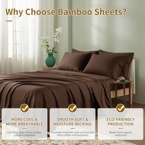 Image of Shilucheng 6 Piece Queen Sheet Sets, Cooling Sheets, Blend Rayon Derived from Bamboo, Deep Pocket Up to 16 inch, Breathable & Soft Bed Sheets, Hotel Silky Bedding Set, Brown