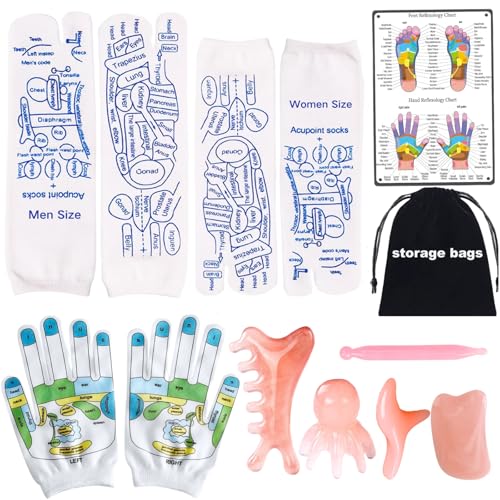 Cullevo Reflexology Socks with Gloves Tools Set, 2 Pairs Foot Massage Socks for Men Women,...