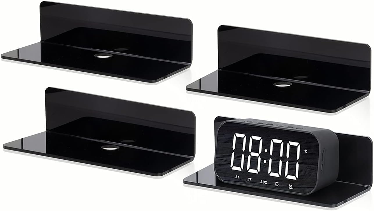 Acrylic Floating Wall Shelves, No Drill Small Display Shelf, Black Small Wall Shelf for Smart Speaker, Action Figures, Monitor, Load Bearing 2kg，Expand Wall Space for Display & Storage-image-38