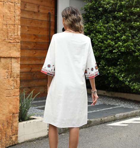 Image of Higustar Mexican Embroidered Dress Summer Cotton Bohemian Flower Peasant Traditional Mexico Fiesta Boho Dresses for Women