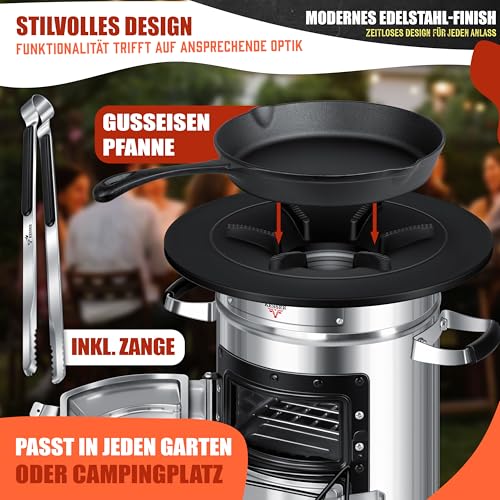 KESSER® Raketenofen mit Grillpfanne aus Gusseisen | inkl. Grillzange & Tragetasche | Dutch Oven 6 integrierte Spikes | BBQ Rakete Holzofen | Camping Outdoor-Campingkocher | Campinggrill Edelstahl