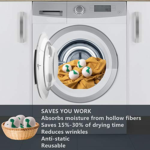 Wool Dryer Balls- 2019 New Green Dinosaur, 100% New Zealand Wool, Handmade, No Fading, Reusable Organic Natural Fabric Softener, Baby Safe Non-Chemical Reduce Wrinkles&Static Save Drying Time, 6Pack